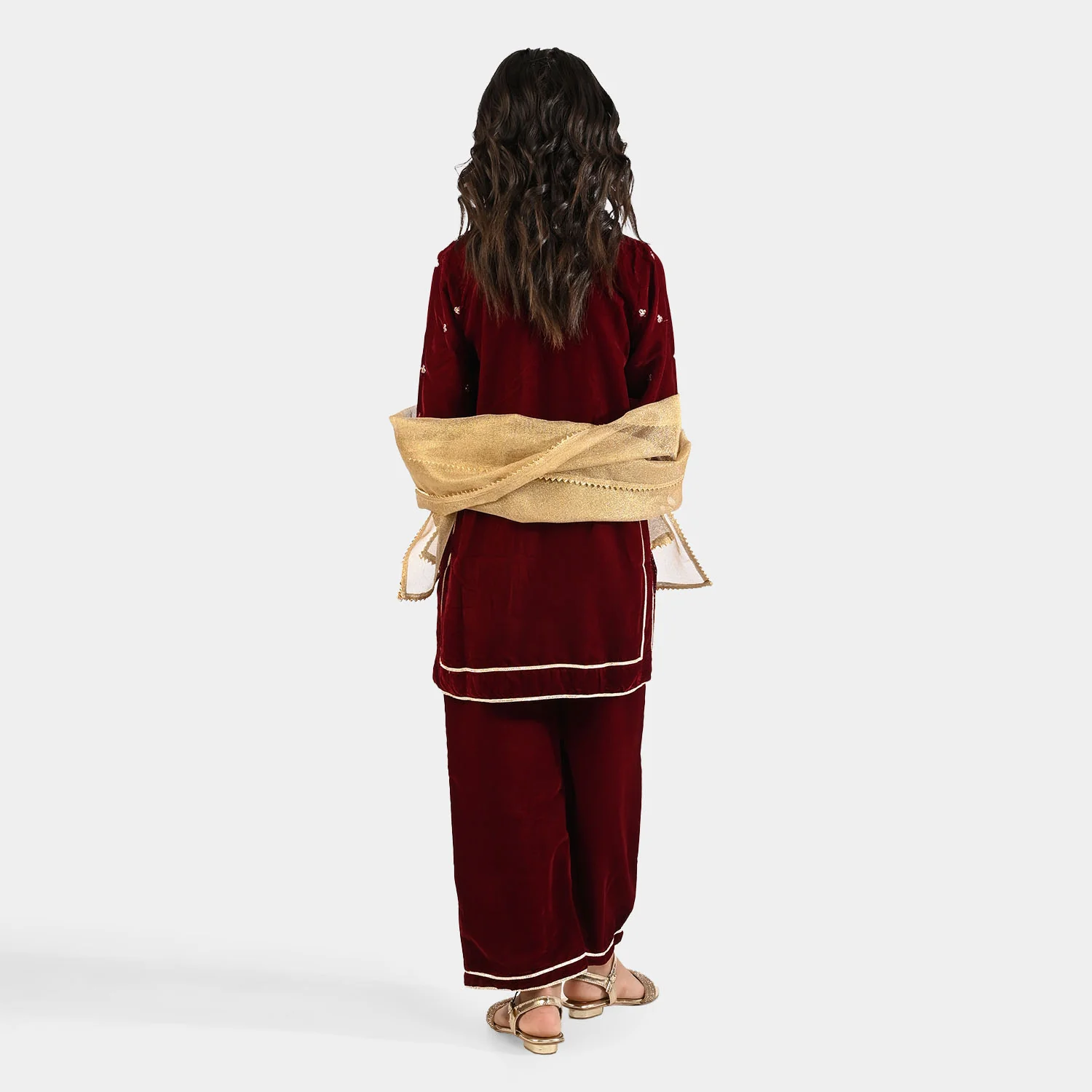 Girls Velvet Fancy 3Pcs - Maroon - Image 6