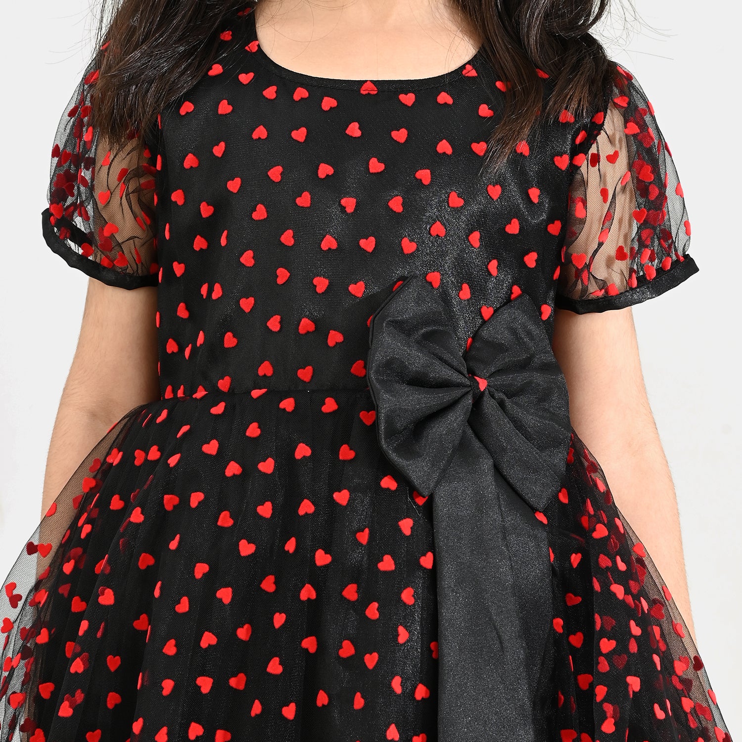 Girls Net Fancy Frock-Heart-Red - Image 3