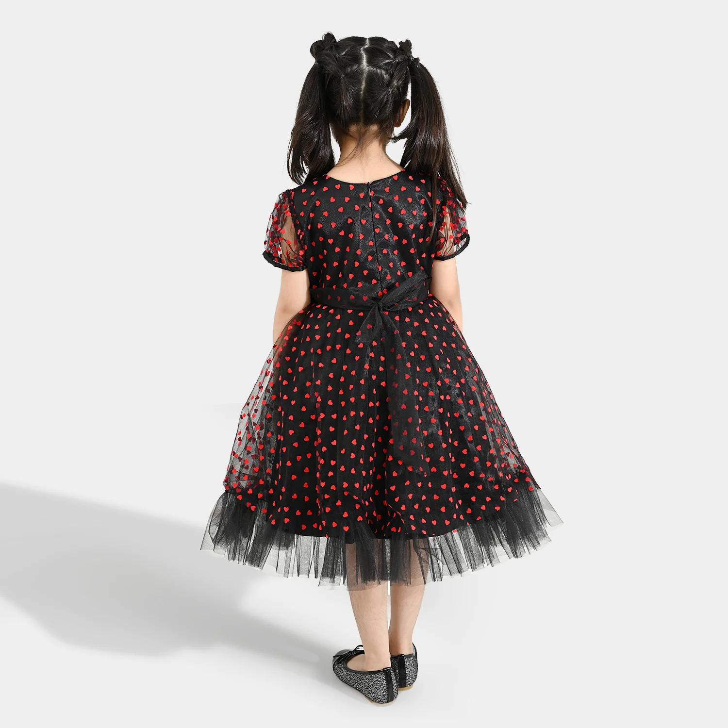 Girls Net Fancy Frock-Heart-Red - Image 4