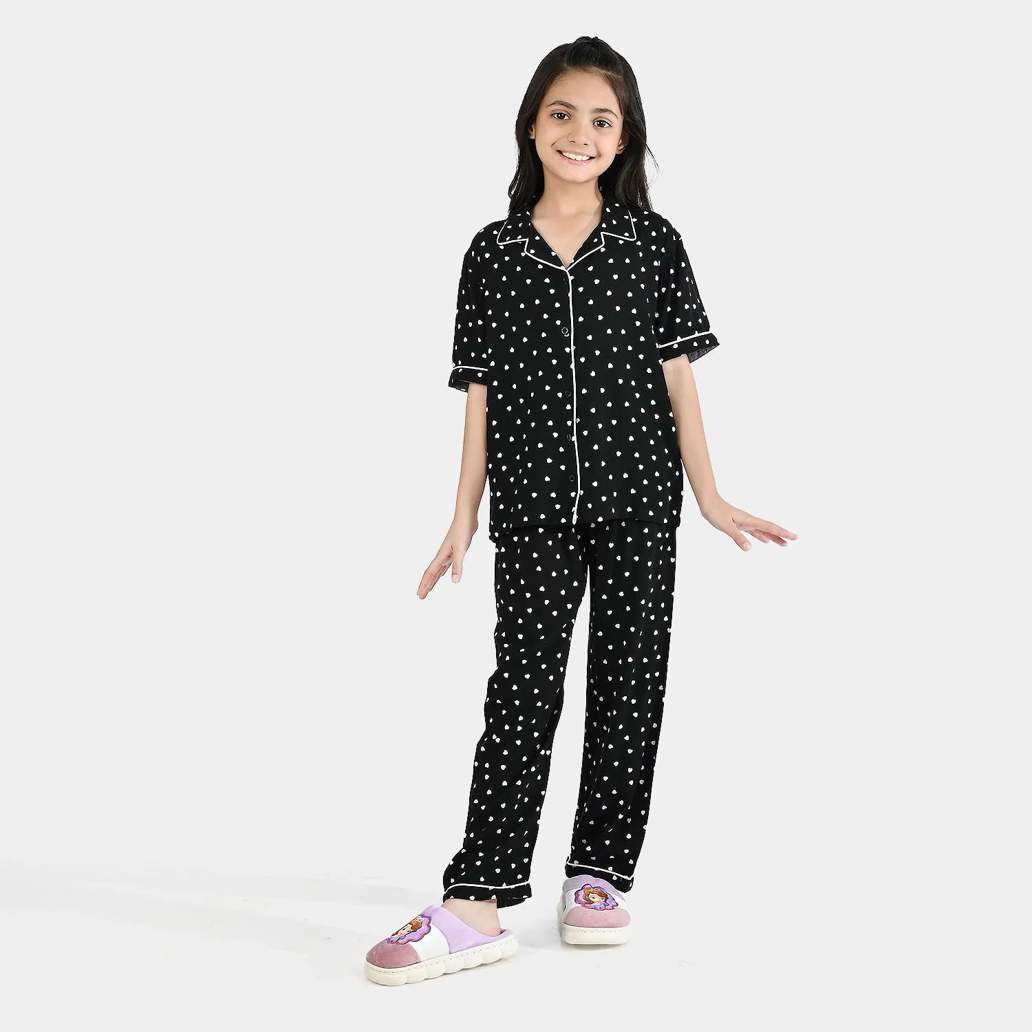 Girls Viscose Night Suit (Heart) - Black - Image 4