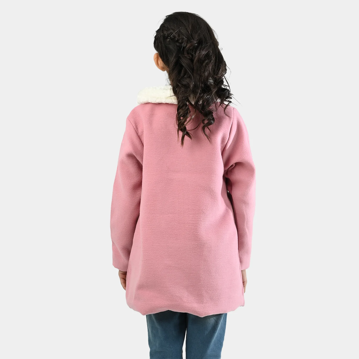 Girls Wool Trench Coat Fur-PINK - Image 6
