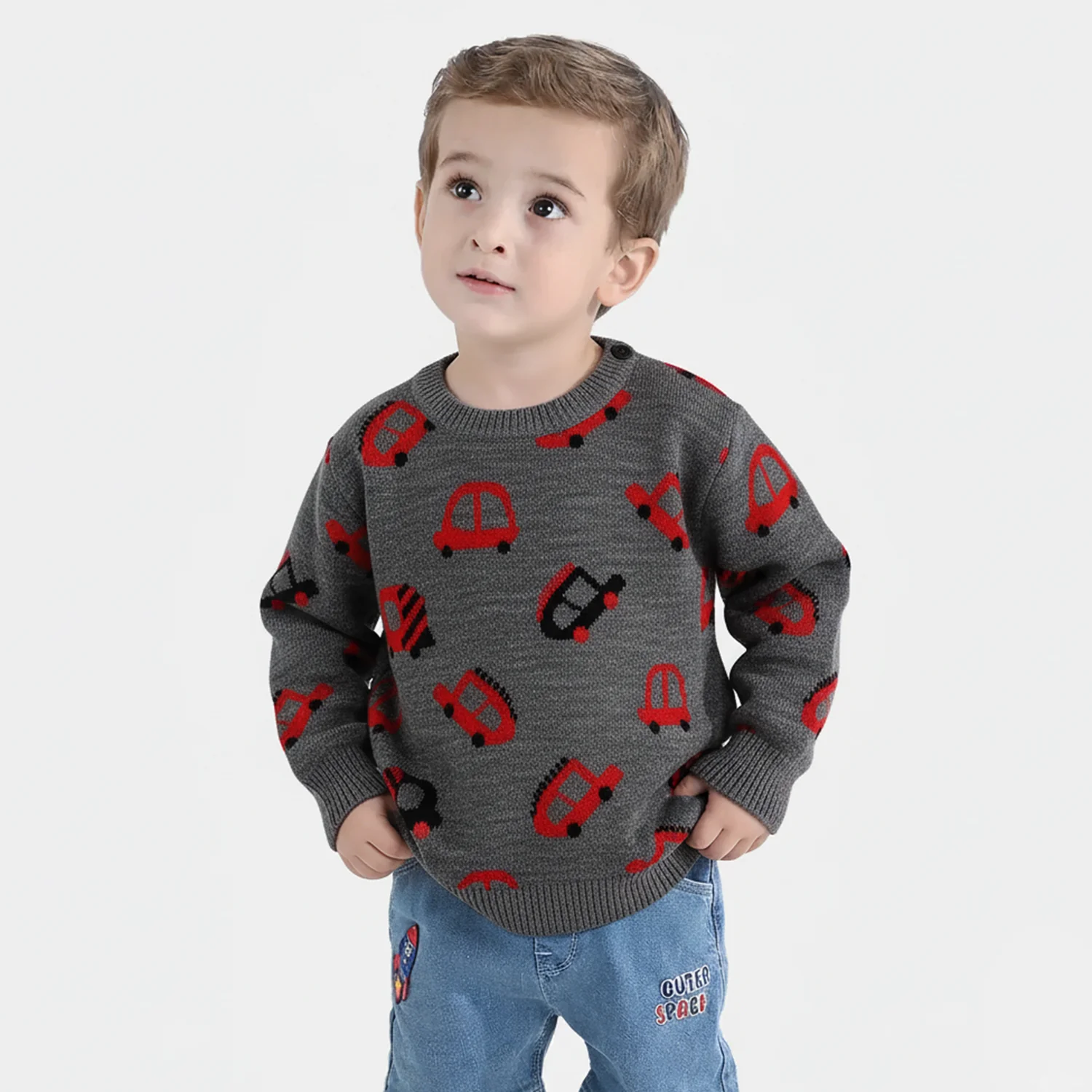 Infant Boys Acrylic Sweater (Little Cars) - Charcoal - Image 2