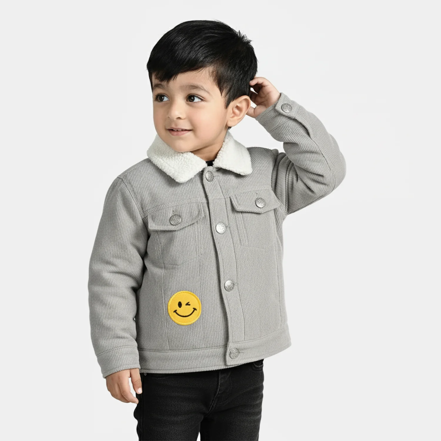 Infant Boys Corduroy Jacket Smile Face - Grey - Image 2