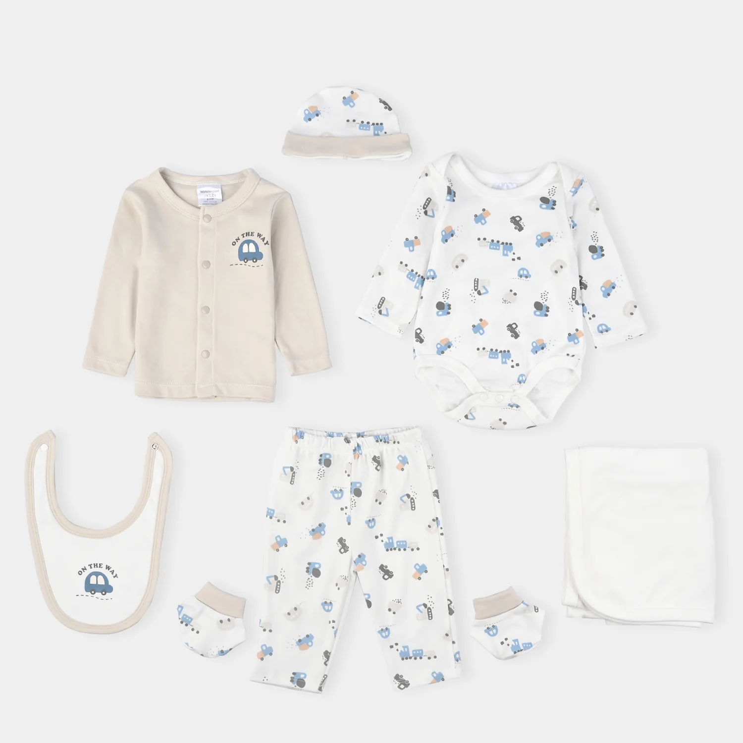 Infant Boys Cotton Interlock 7 PC Set-Beige/White