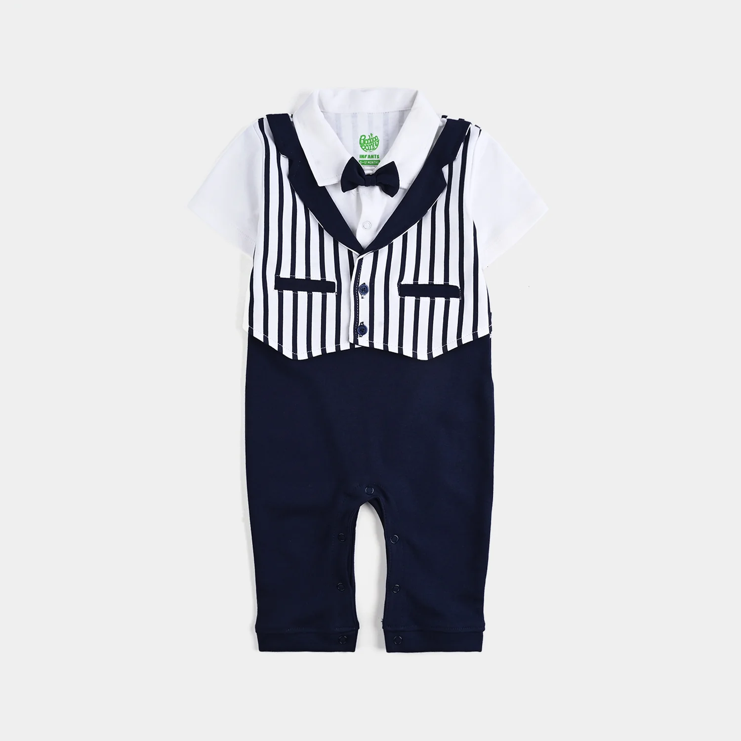 Infant Boys Cotton Interlock Grey Coat Style Romper- Navy-White