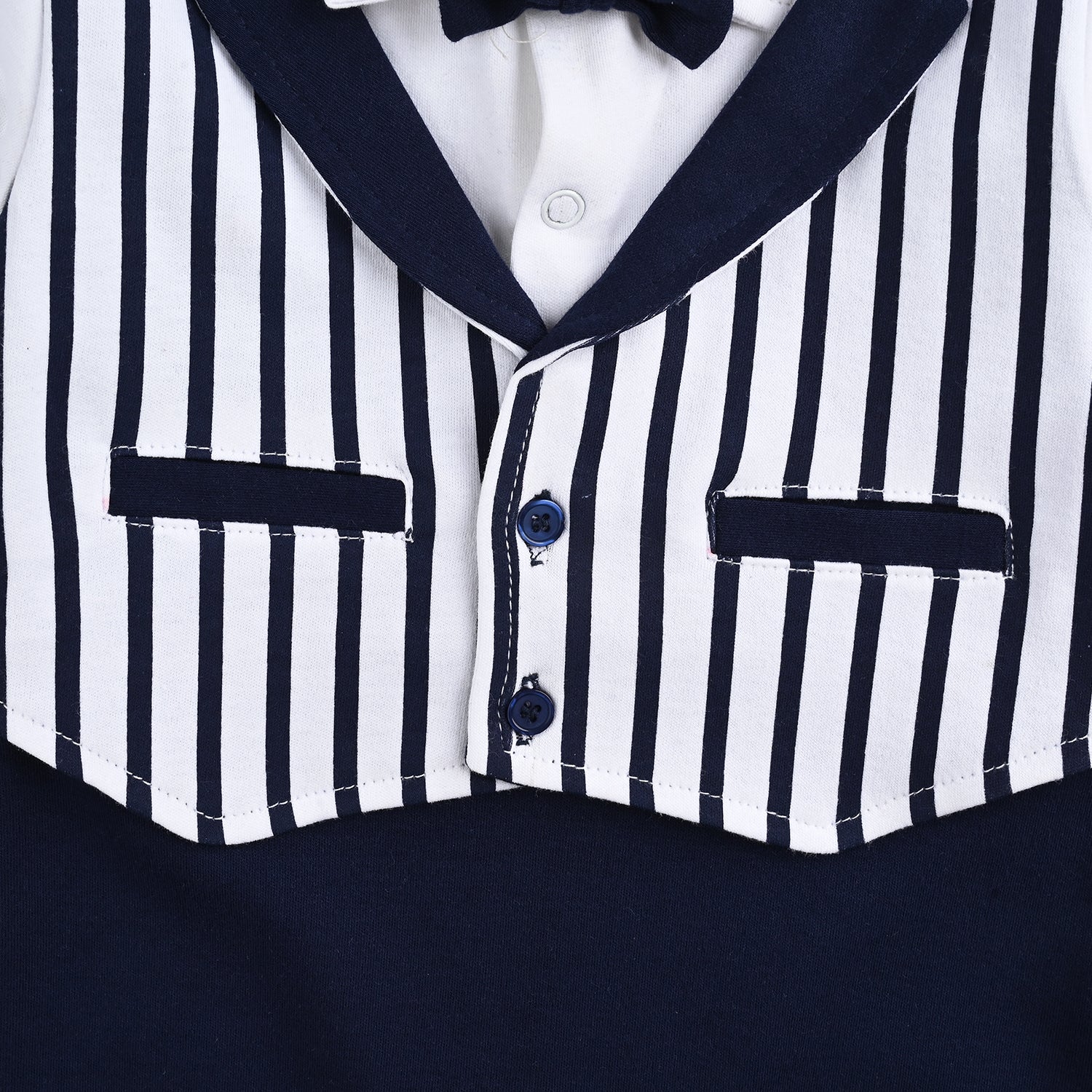 Infant Boys Cotton Interlock Grey Coat Style Romper- Navy-White - Image 3