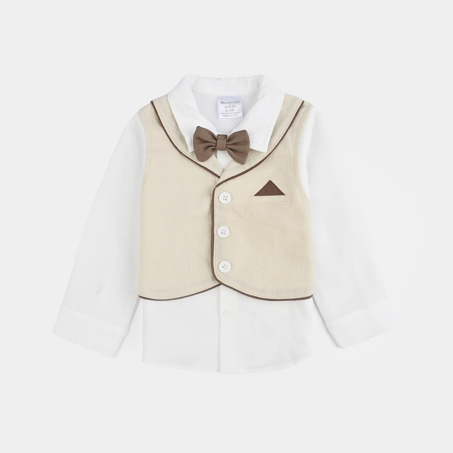 Infant Boys Cotton Interlock Suit - Beige/White - Image 2