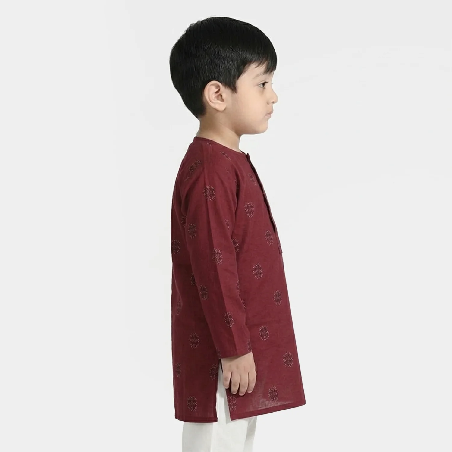 Infant Boys Cotton Jacquard Printed Kurta - Red - Image 2
