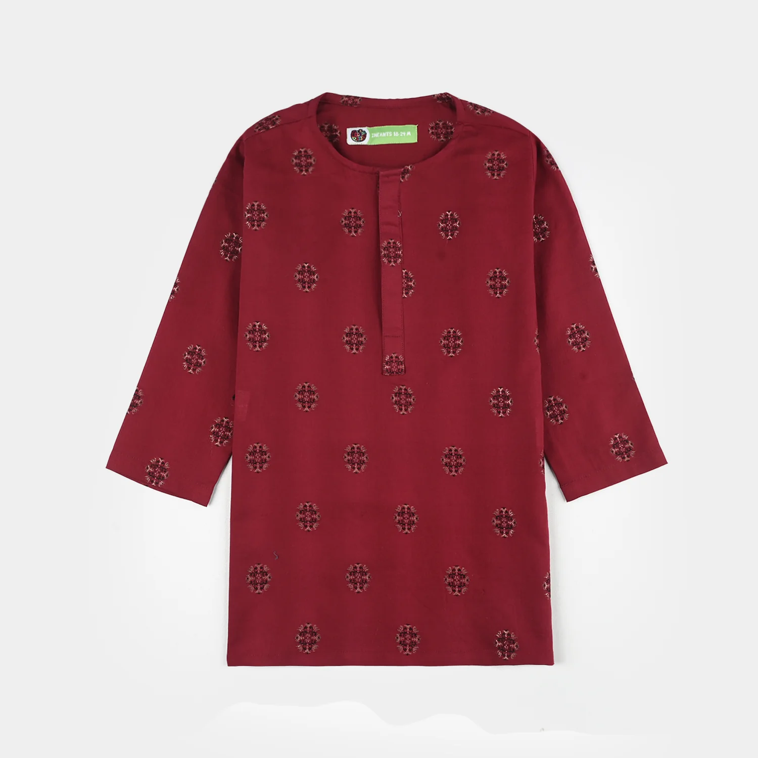 Infant Boys Cotton Jacquard Printed Kurta - Red - Image 3