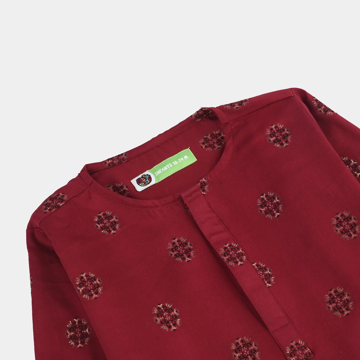 Infant Boys Cotton Jacquard Printed Kurta - Red - Image 4