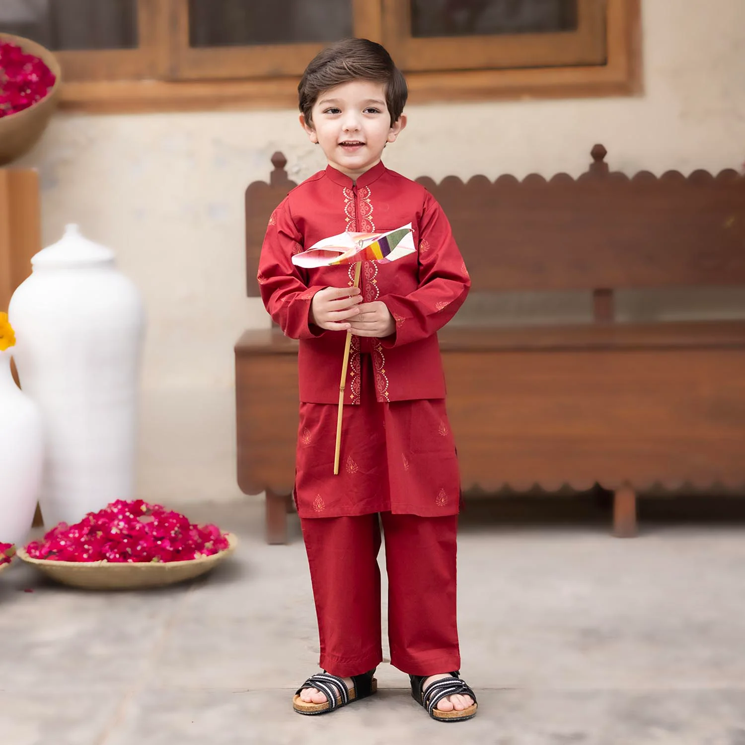 Infant Boys Cotton Poplin 3-Piece Suit (Rung Saz) - Red