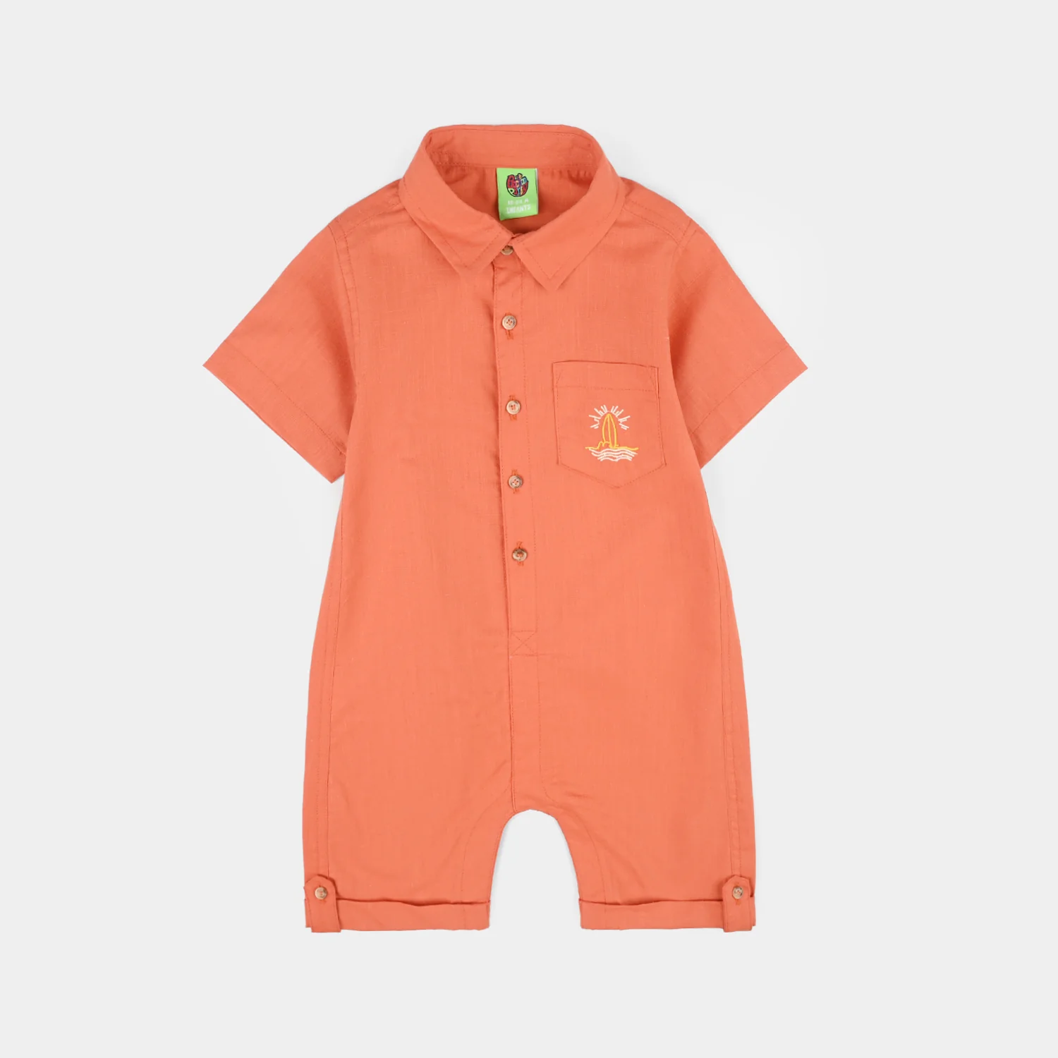 Infant Boys Cotton Slub Woven Romper (Burnt Glow) - Rust/Orange