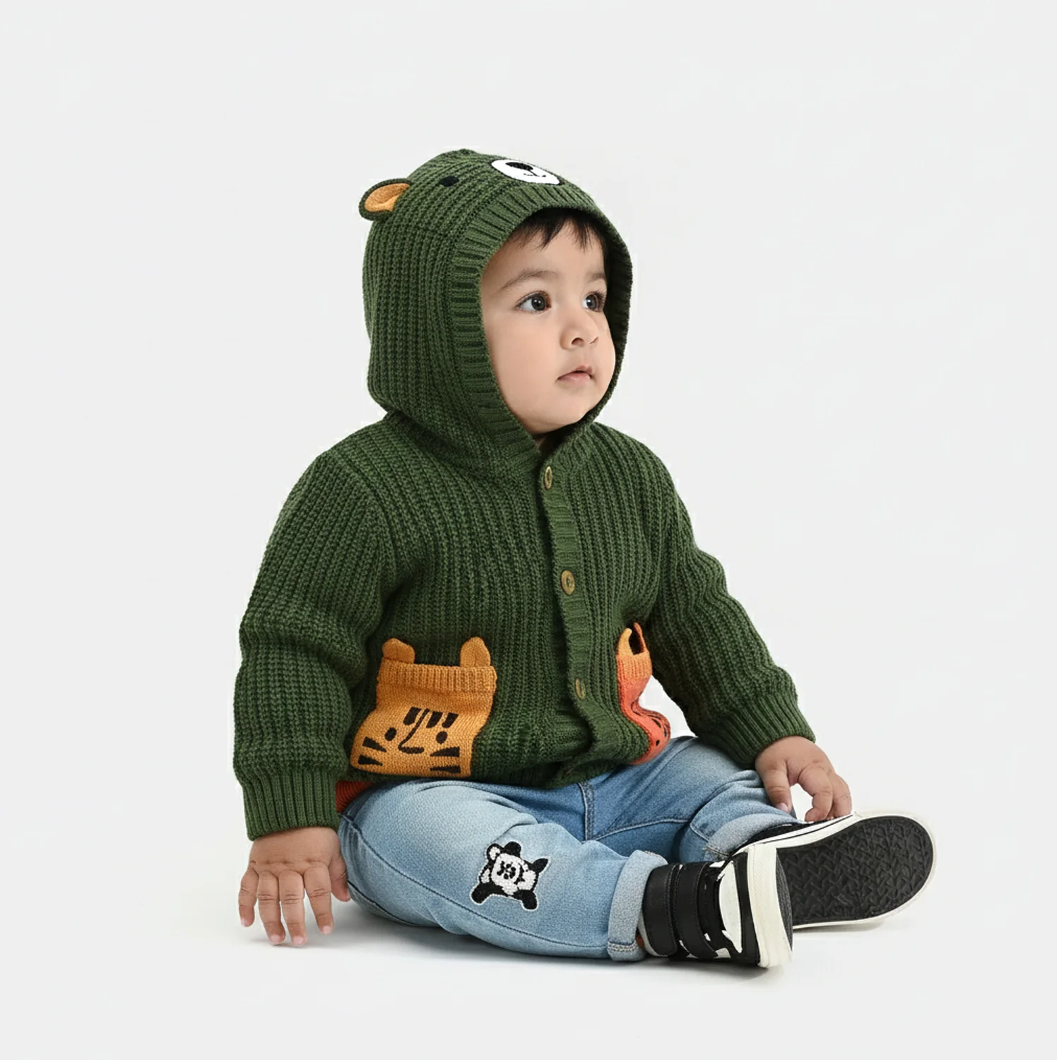 Infant Boys Cotton Sweater Animal Pocket-Green - Image 2