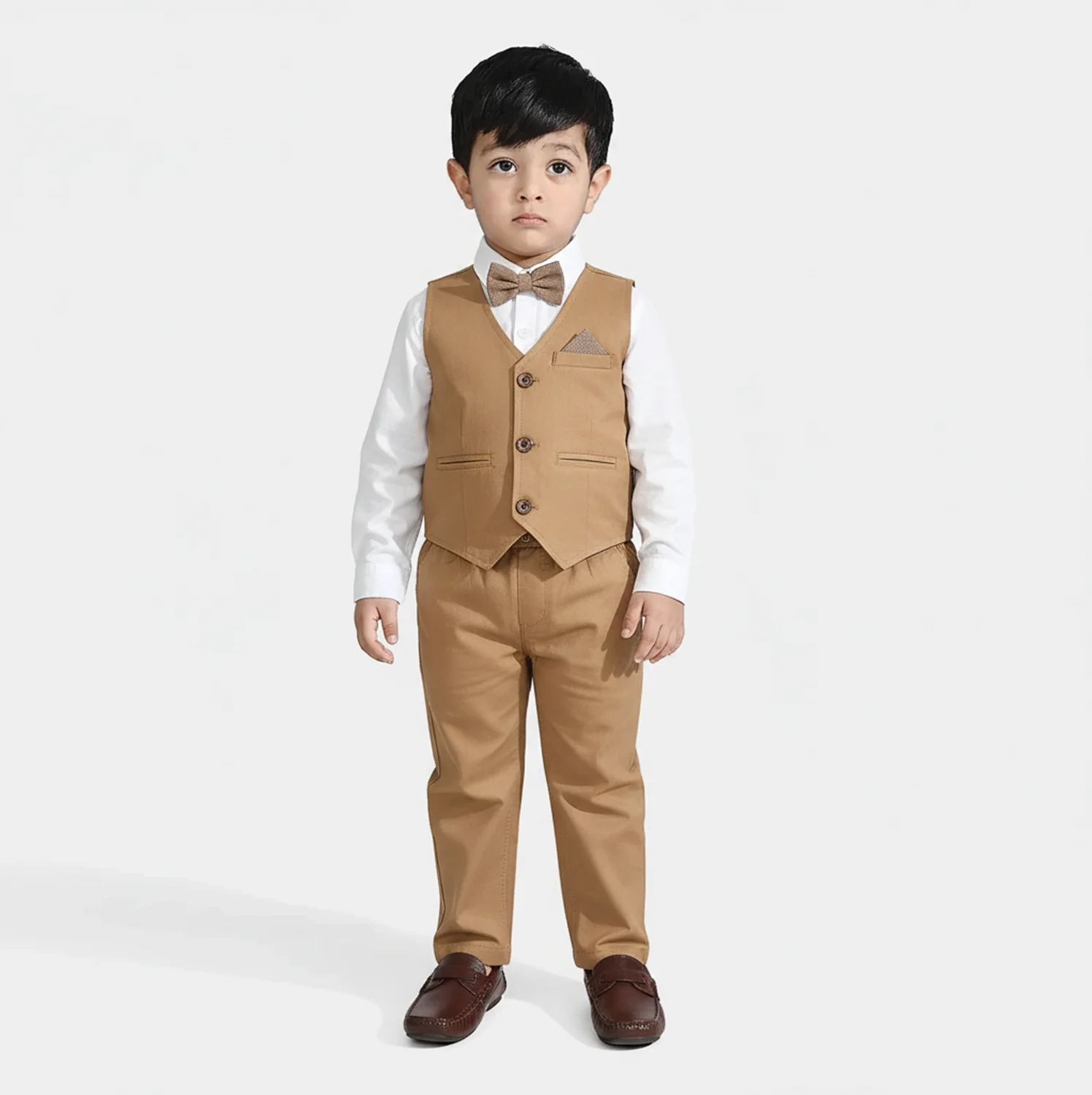 Infant Boys Cotton Twill 3PC Suit - Brown/White