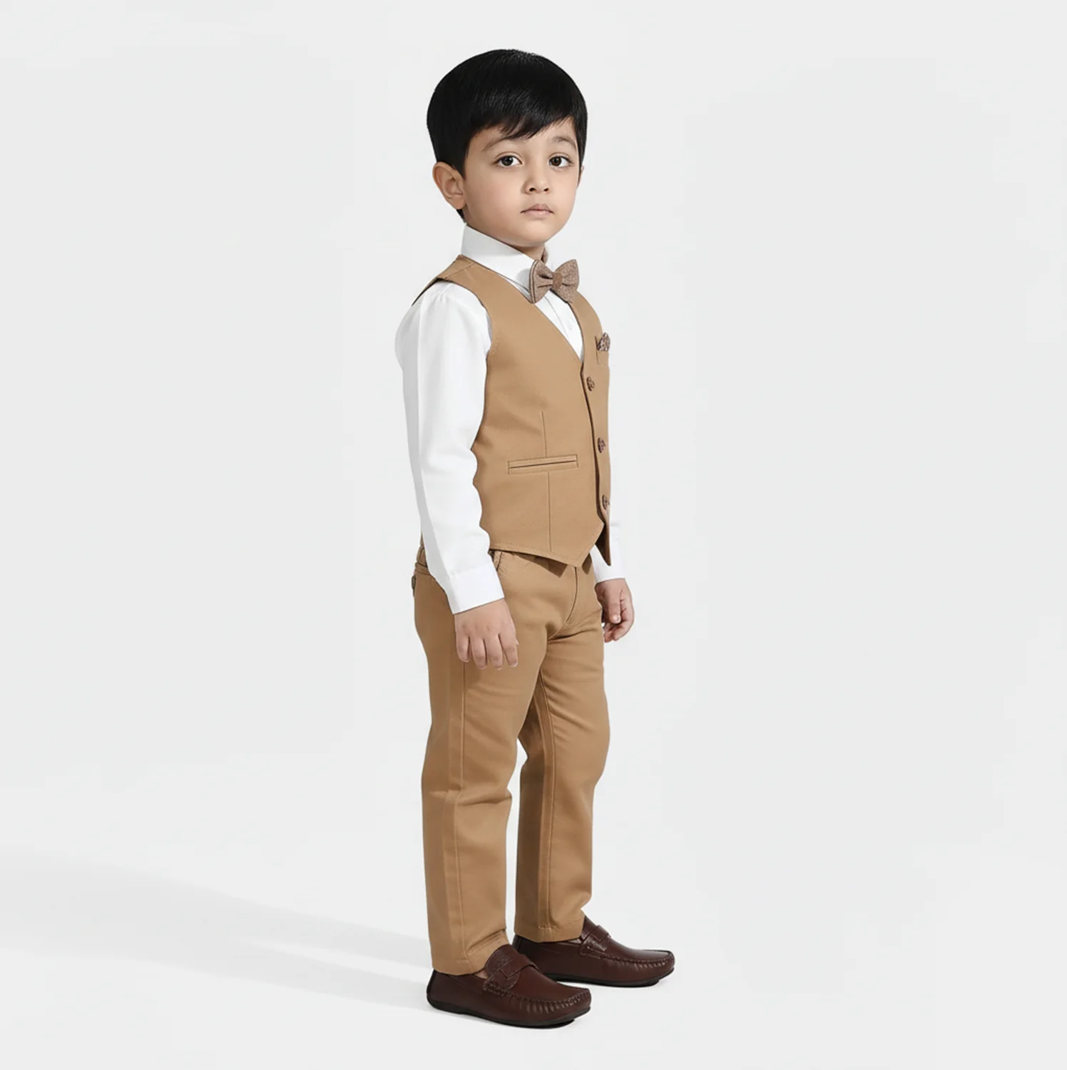Infant Boys Cotton Twill 3PC Suit - Brown/White - Image 2