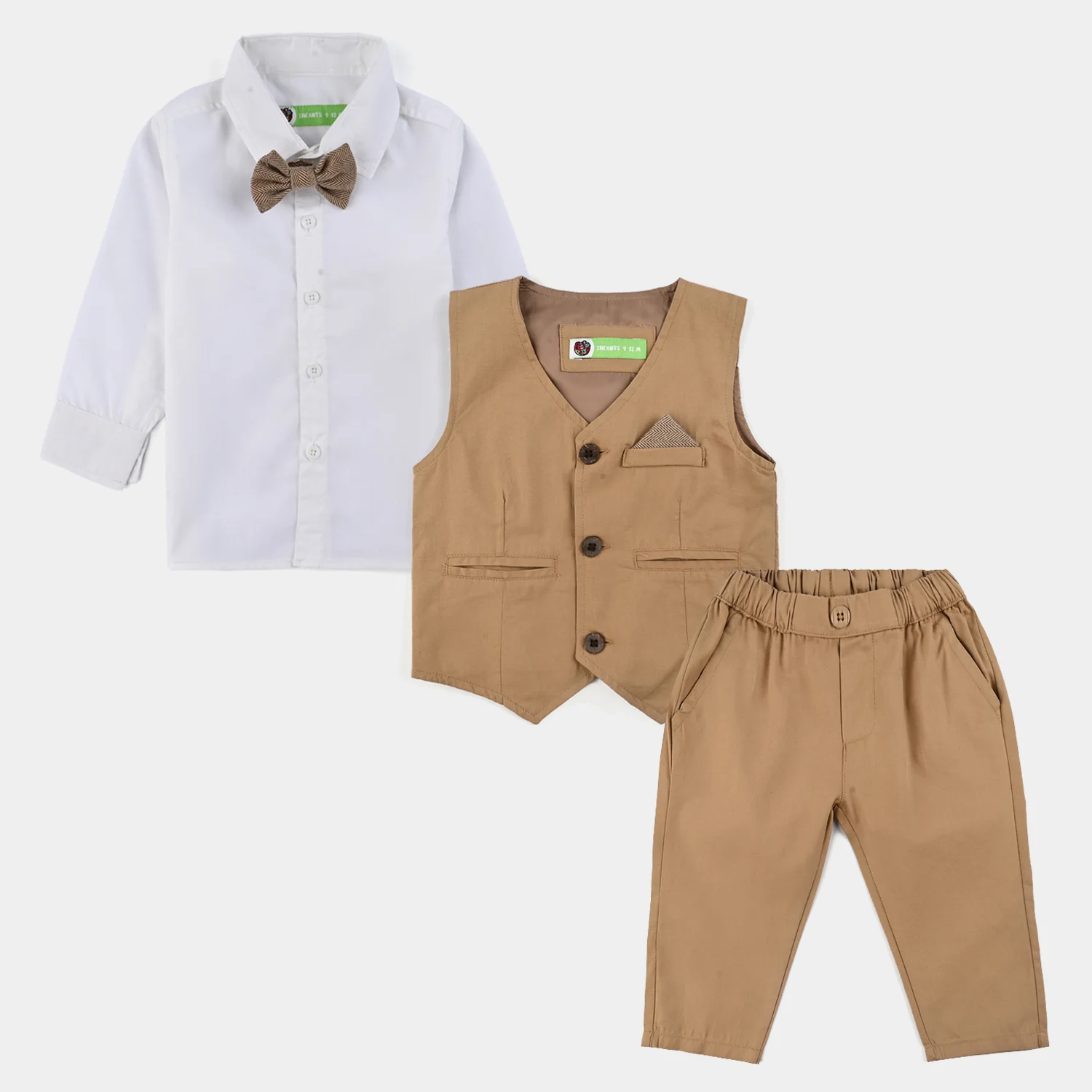 Infant Boys Cotton Twill 3PC Suit - Brown/White - Image 4