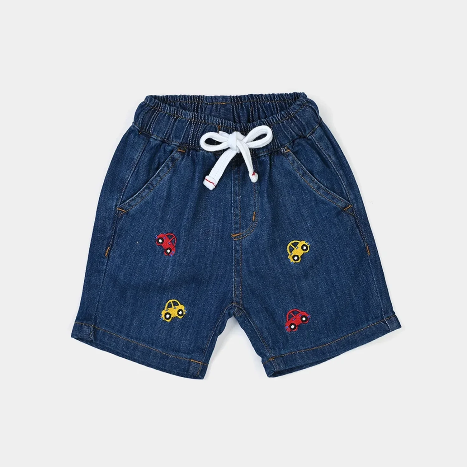 Infant Boys Denim Rigid Shorts Embroidered Cars - Mid Blue