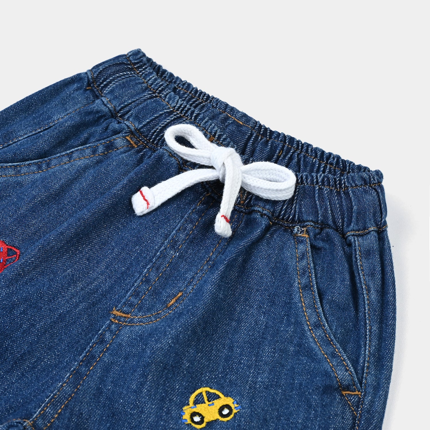 Infant Boys Denim Rigid Shorts Embroidered Cars - Mid Blue - Image 2