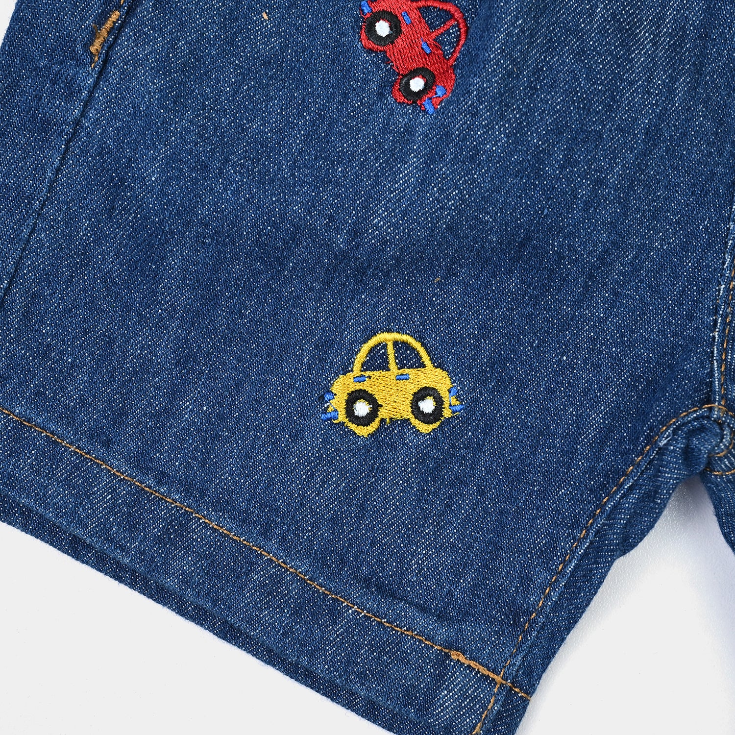 Infant Boys Denim Rigid Shorts Embroidered Cars - Mid Blue - Image 3
