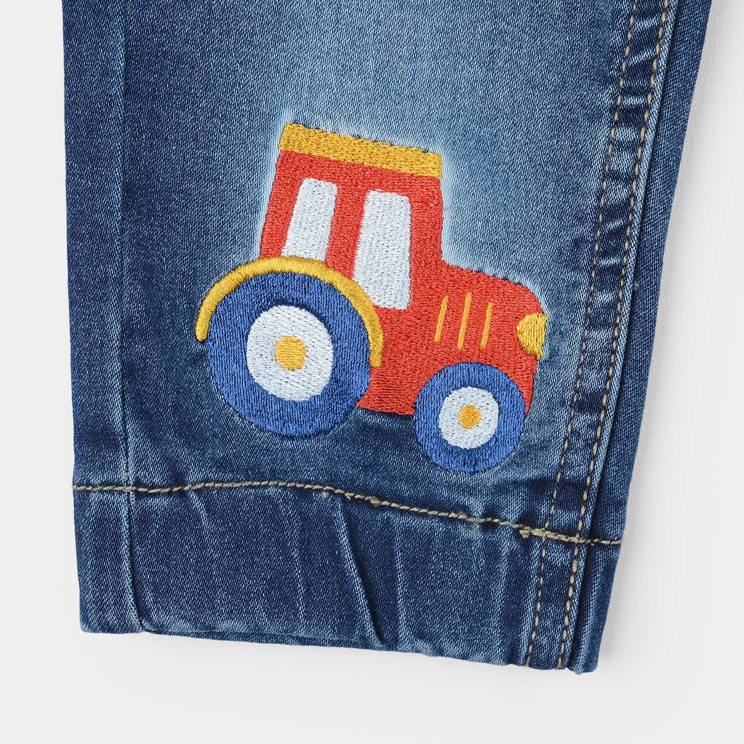 Infant Boys Denim Viscose Pants (Car Embroidered Truck) - Mid Blue - Image 3