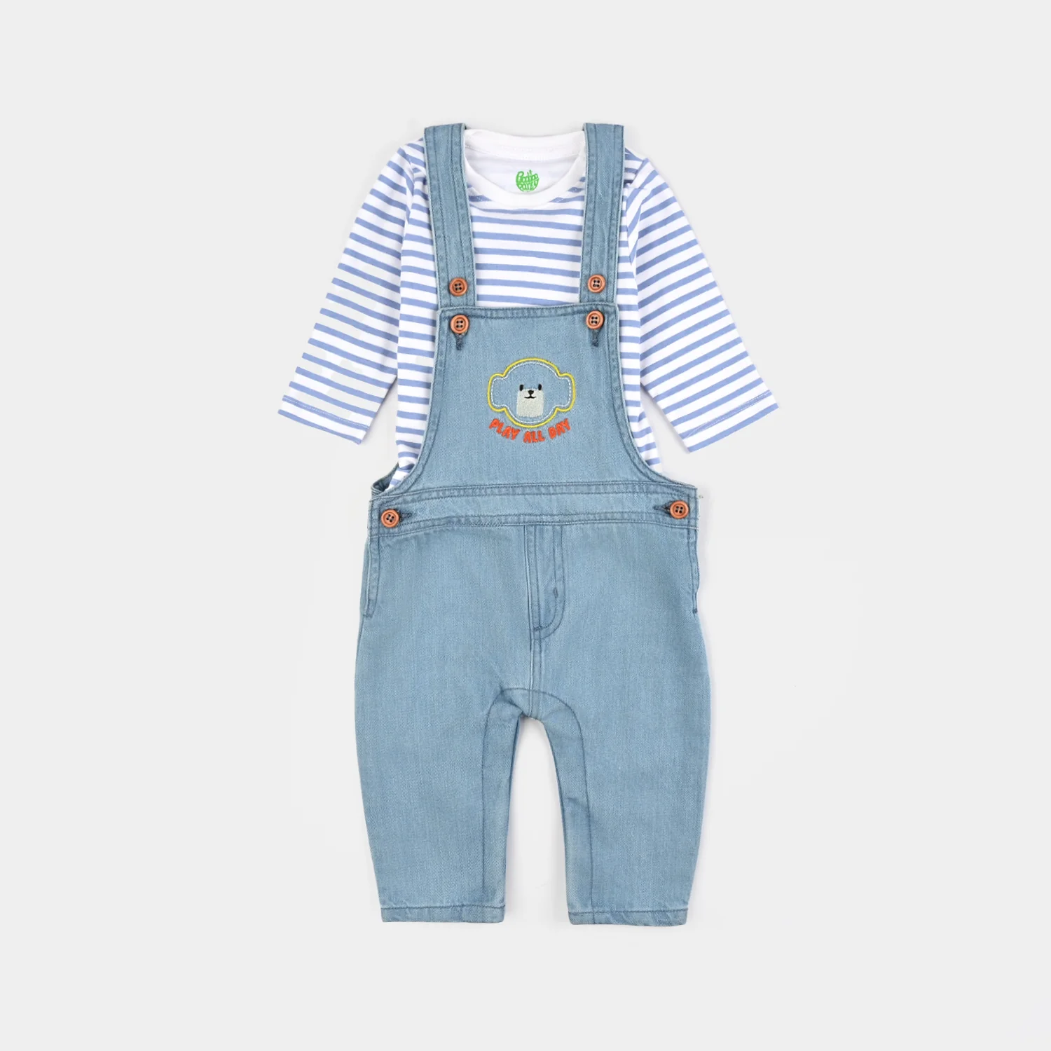 Infant Boys Denim (Light Denim) Dungaree Suit-Abstract Bear-Mid Blue