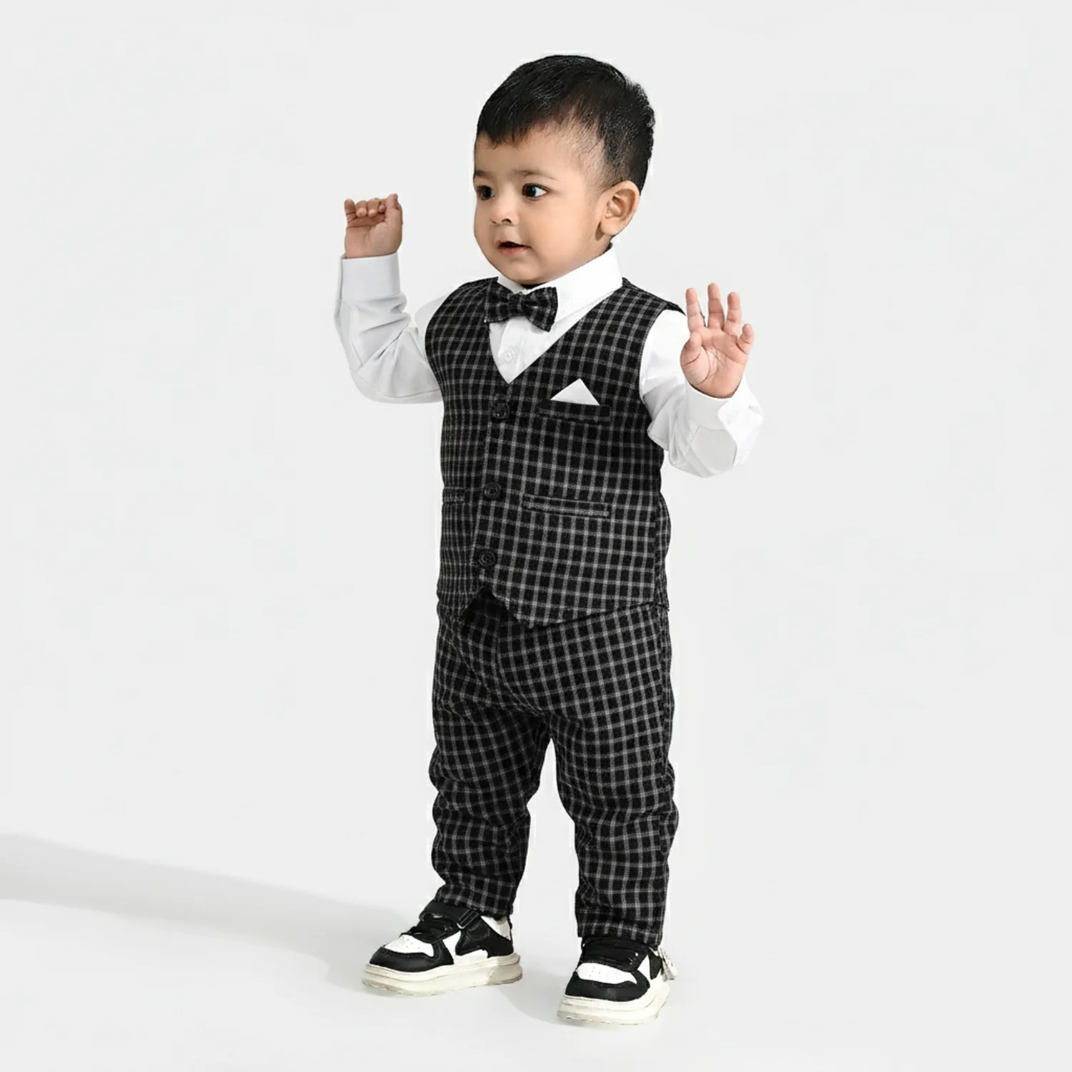 Infant Boys Yarn Dyed 3PC Suit-Black Checkered-Black/White - Image 2