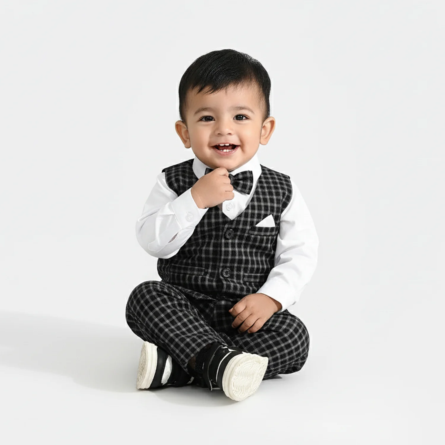 Infant Boys Yarn Dyed 3PC Suit-Black Checkered-Black/White - Image 3