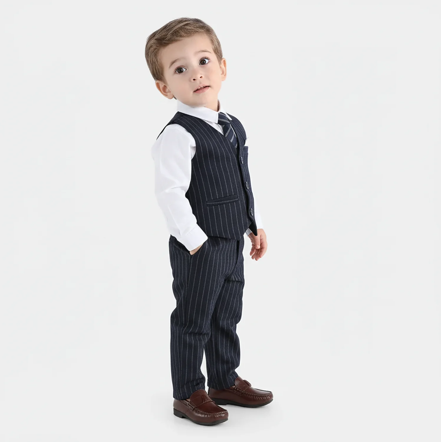Infant Boys Yarn Dyed 3PC Suit-Little Drape-Navy/White - Image 2