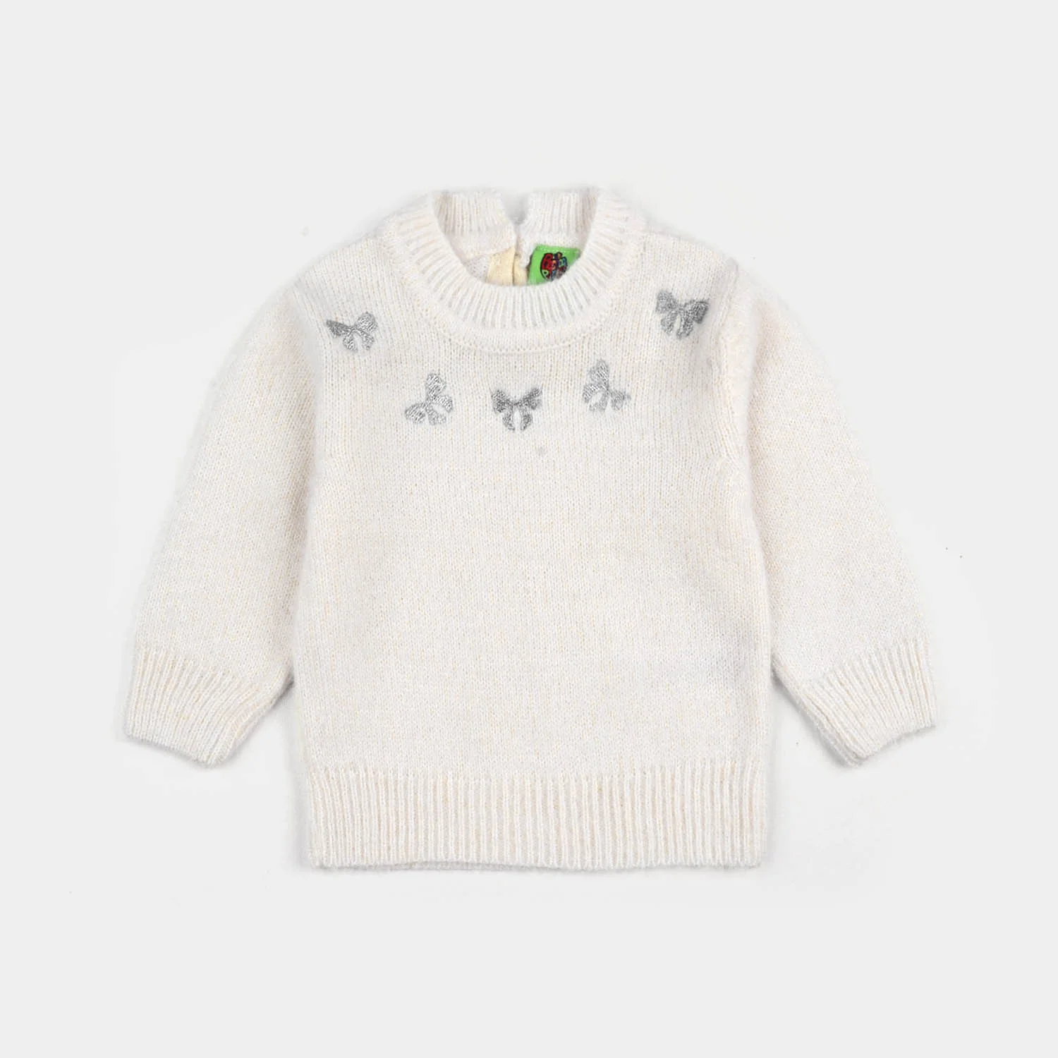 Infant Girls Acrylic-Feather Lurex Sweater-Lurex Bow - Off White