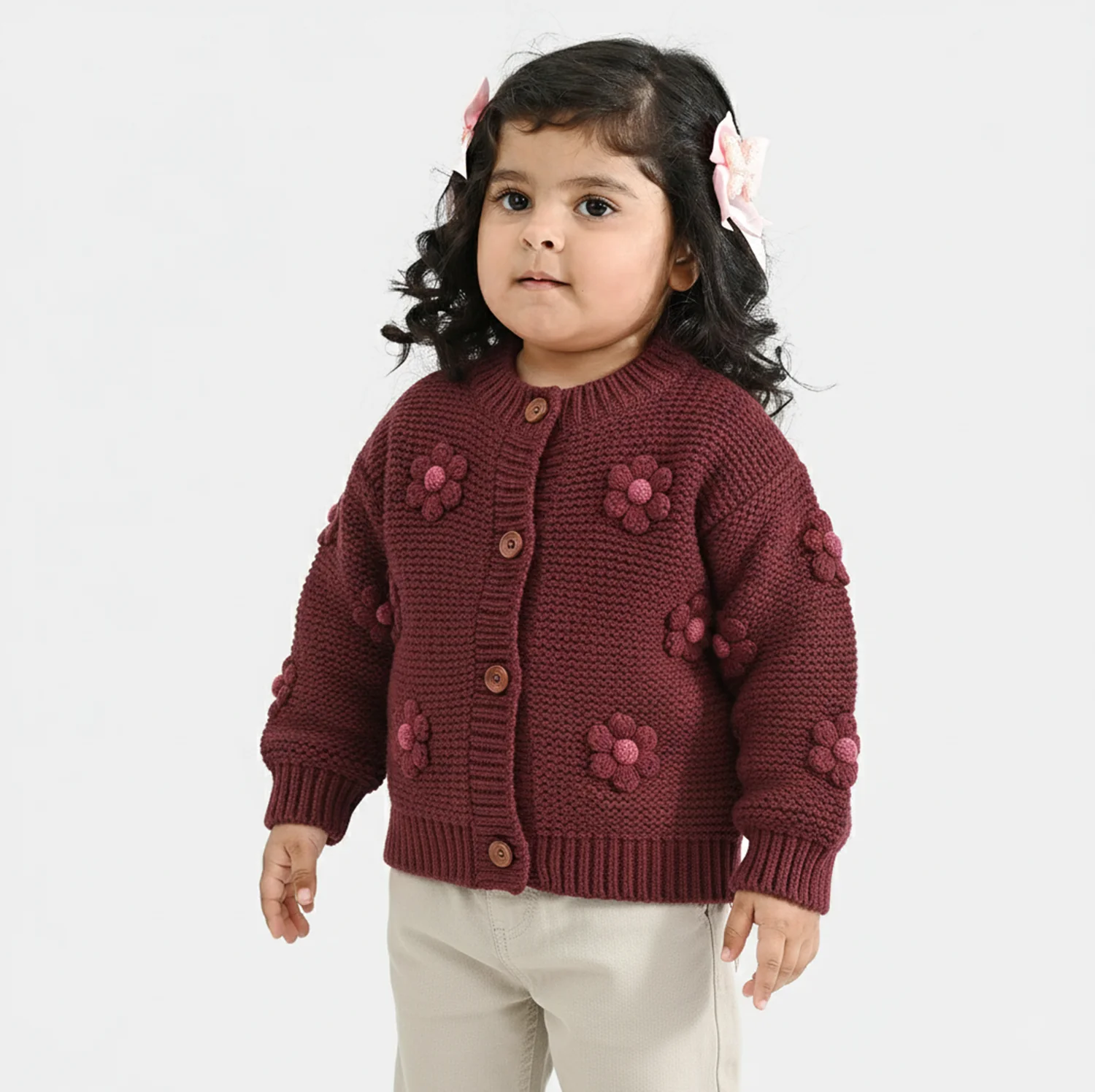Infant Girls Acrylic Sweater-Flower Bunch-Brown