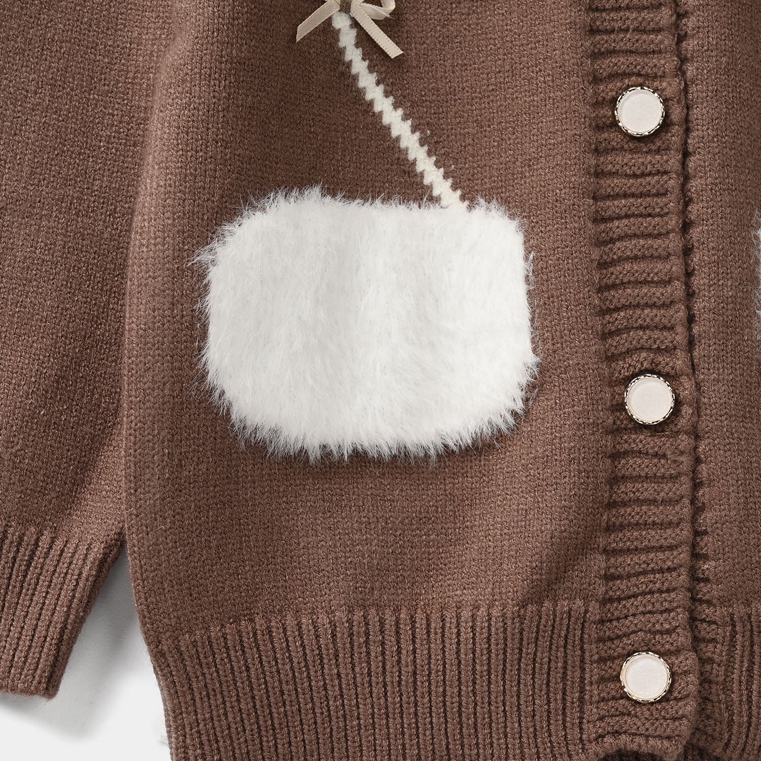 Infant Girls Acrylic Sweater-Fluffy Pocket-D.Brown - Image 3