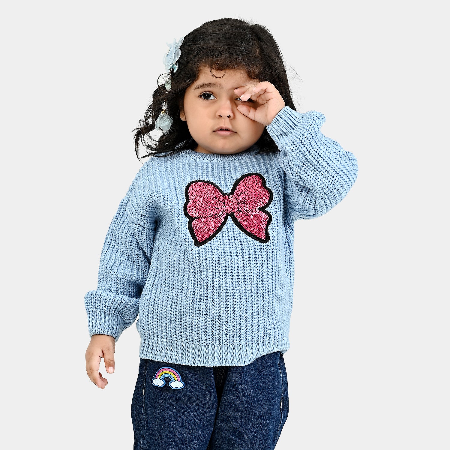 Infant Girls Acrylic Sweater-Sequence BOW-L.Blue - Image 2