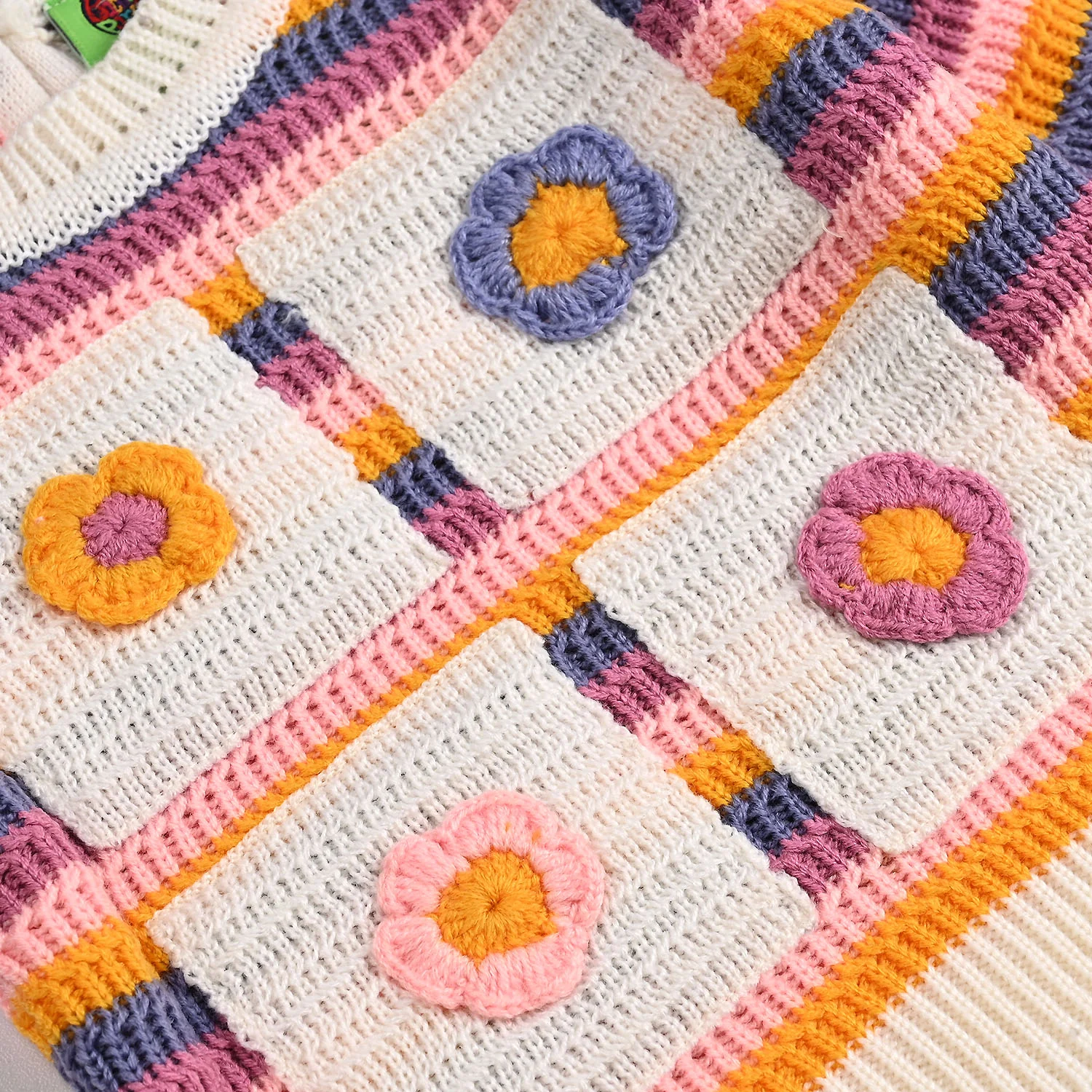 Infant Girls Acrylic Sweater-Stripe & Flower - Multi - Image 3