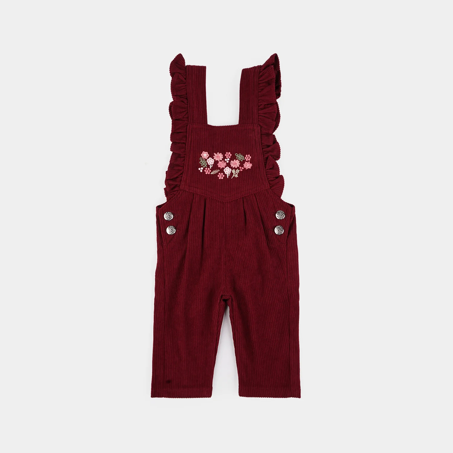 Infant Girls Corduroy Dangri Floral Yoke - Maroon