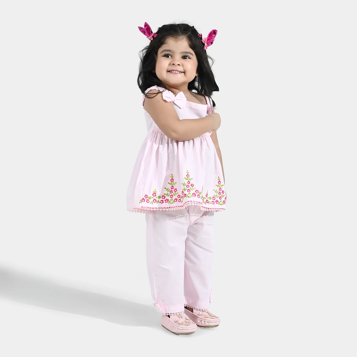 Infant Girls Cotton Embroidered 2Pcs (Mehka Gul) - Baby Pink - Image 4