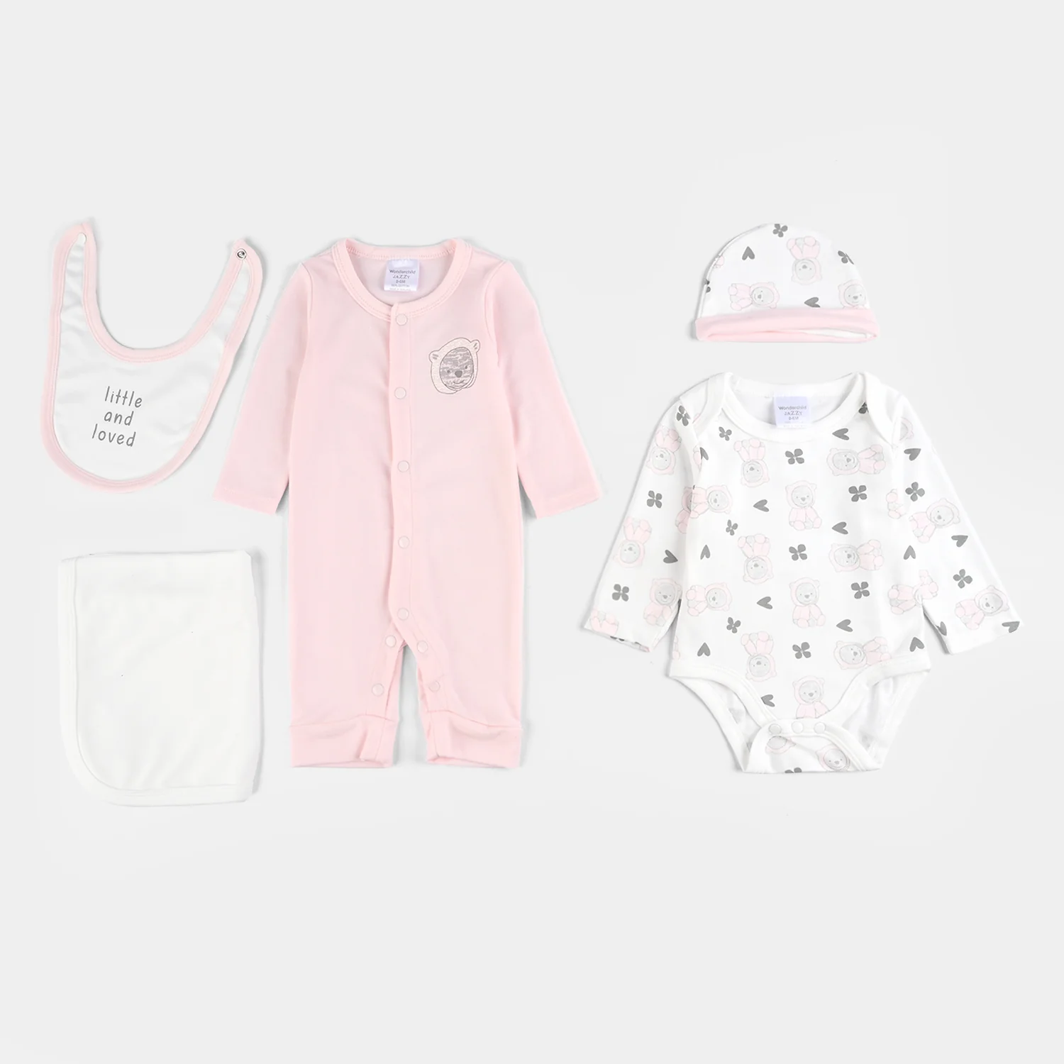 Infant Girls Cotton Interlock 5 PC Set - Pink/White