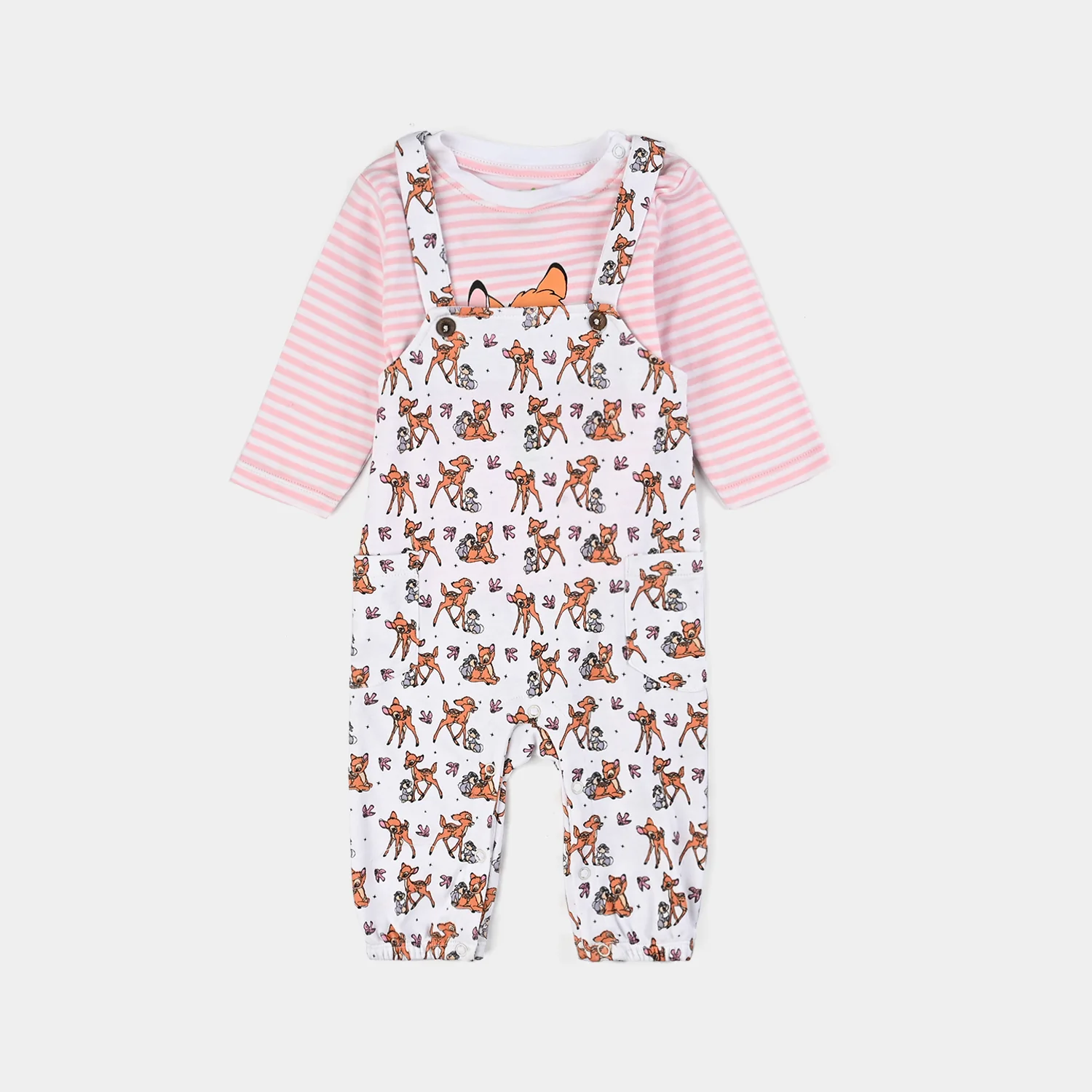 Infant Girls Cotton Interlock Dangri + Tee - White/Pink