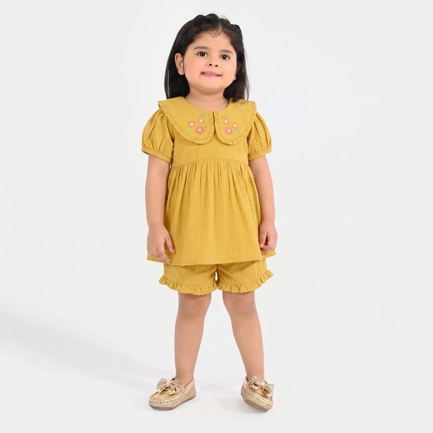 Infant Girls Cotton Jacquard 2 Pc Suit - Mustard