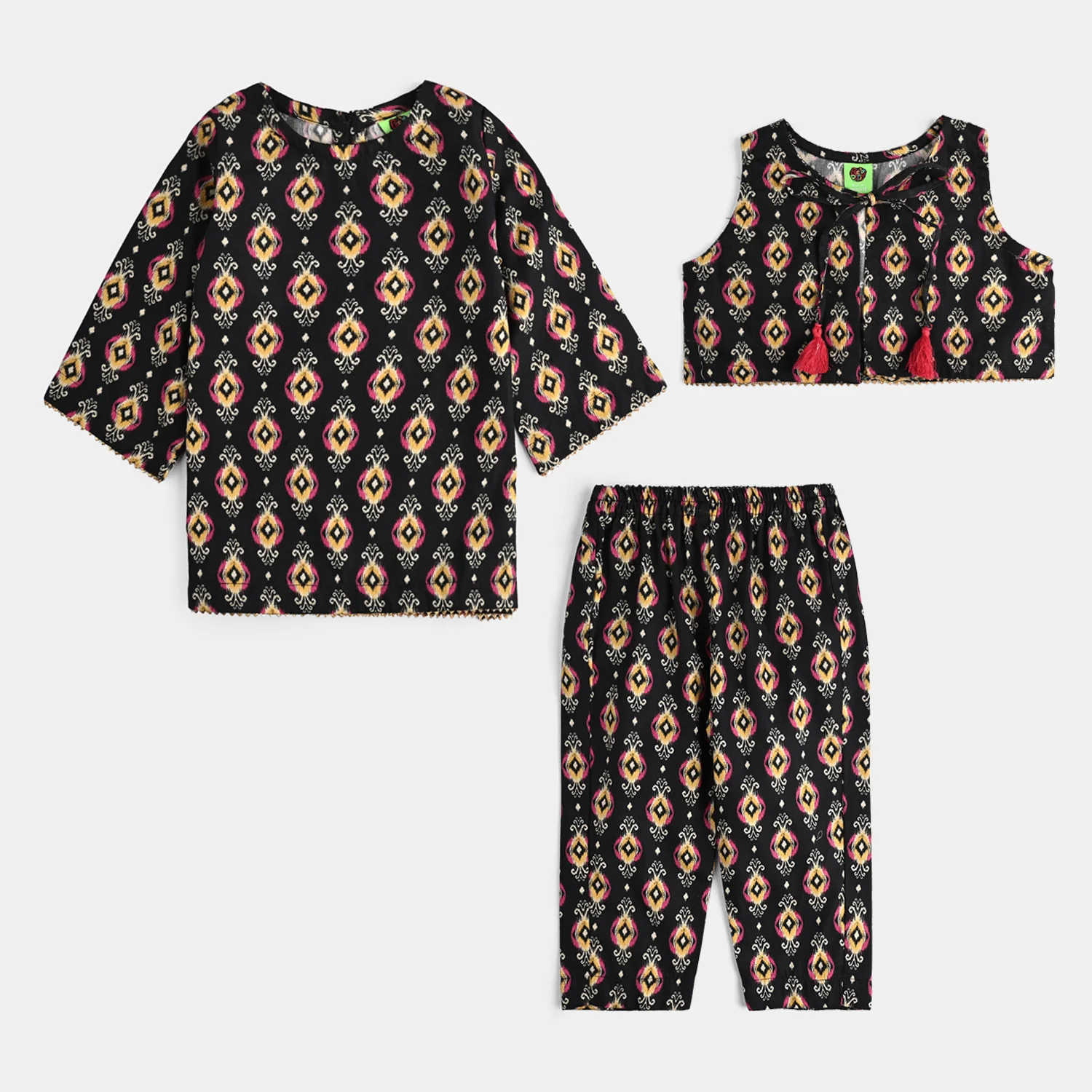 Infant Girls Cotton Poplin Printed 3 Pcs - Black
