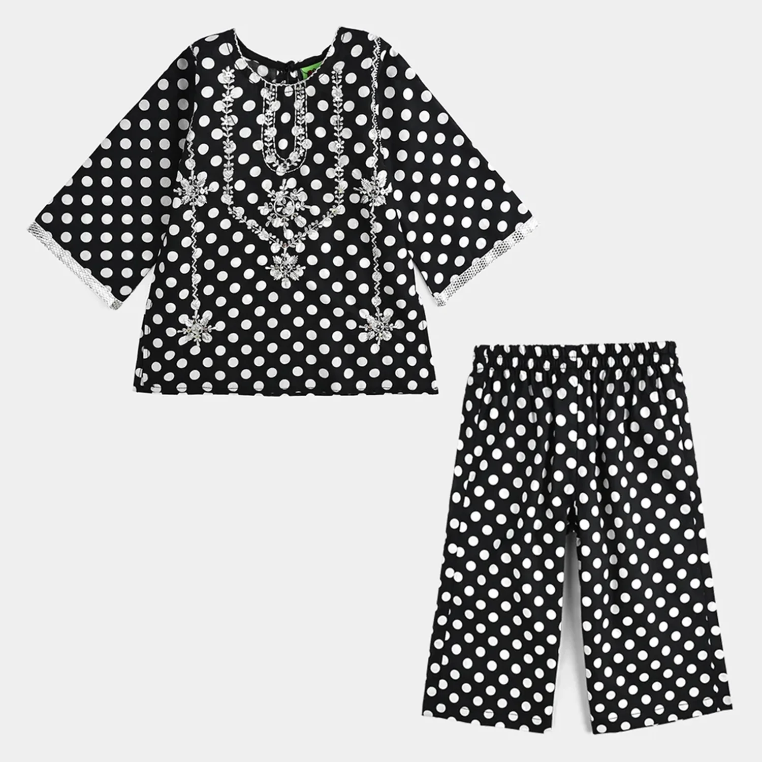 Infant Girls Cotton Poplin Printed & Emb 2 Pcs Polka Dot - BLACK