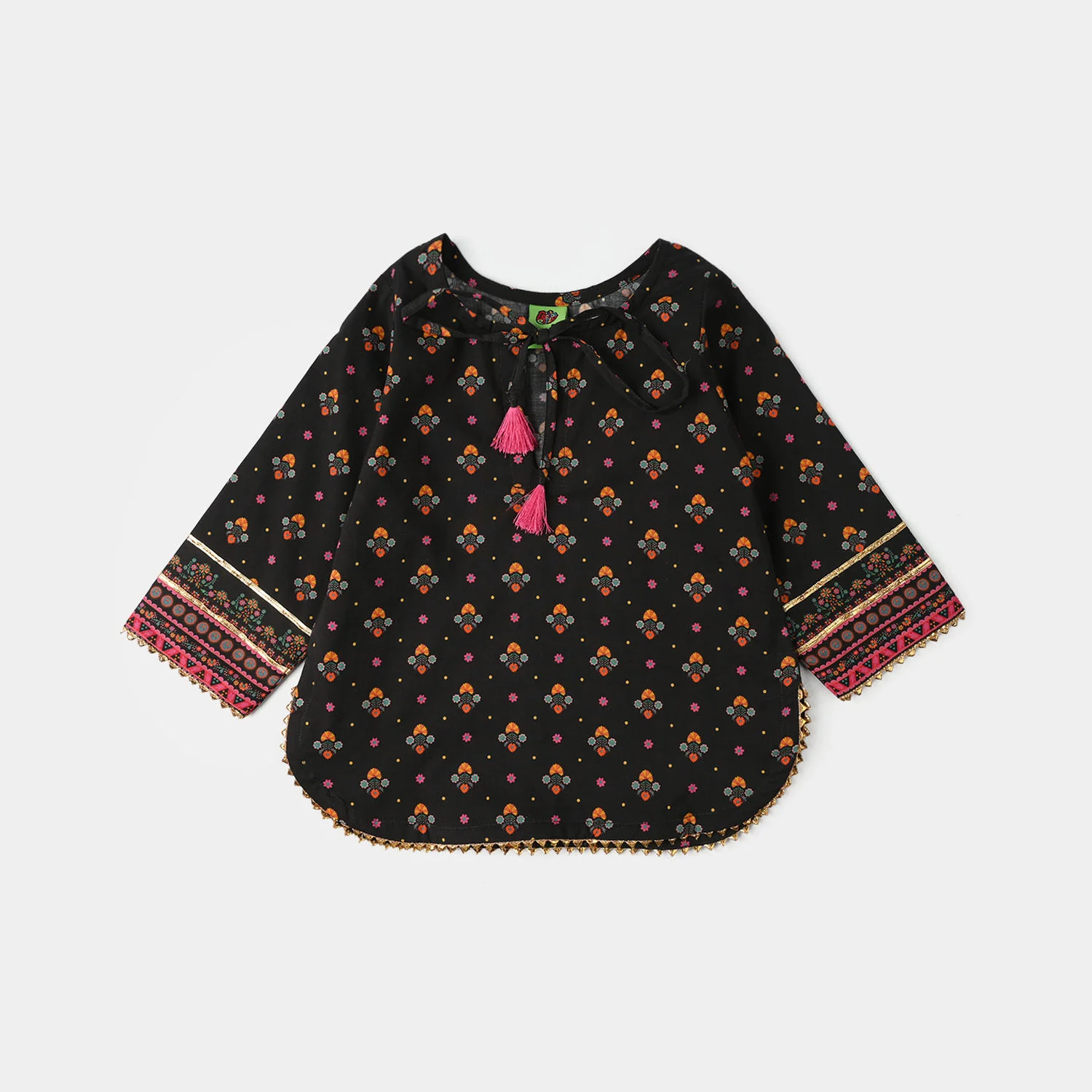 Infant Girls Cotton Printed Kurti (Swan) - Black