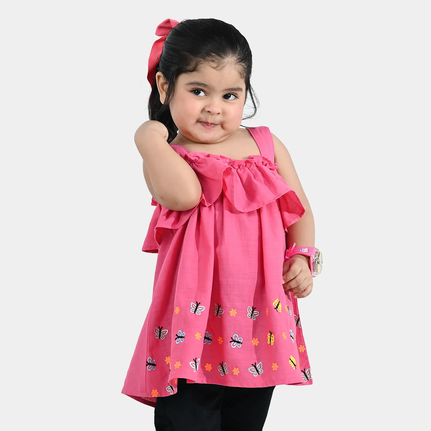 Infant Girls Cotton Slub Embroidered Kurti (Noor-E-Titli) - Rose Pink - Image 3