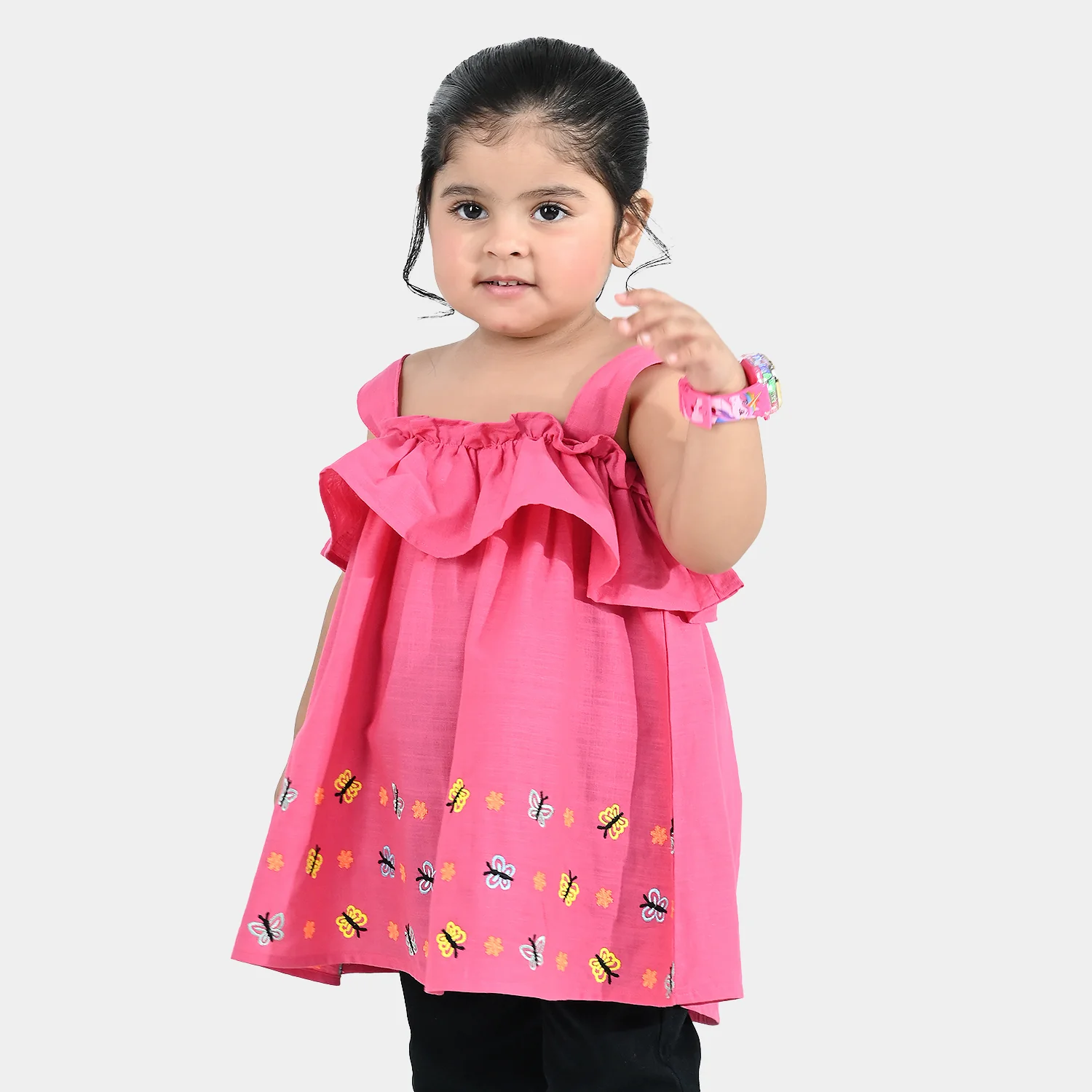 Infant Girls Cotton Slub Embroidered Kurti (Noor-E-Titli) - Rose Pink - Image 4