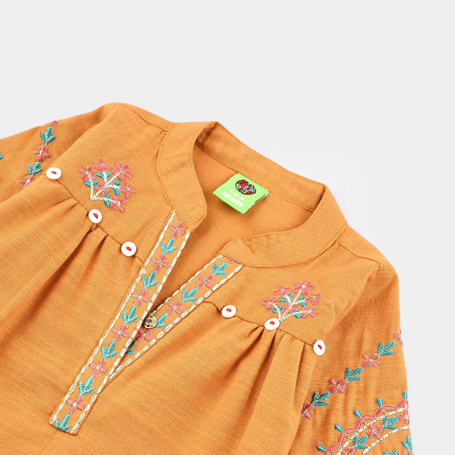 Infant Girls Cotton Slub Embroidered Kurti - Mustard - Image 2
