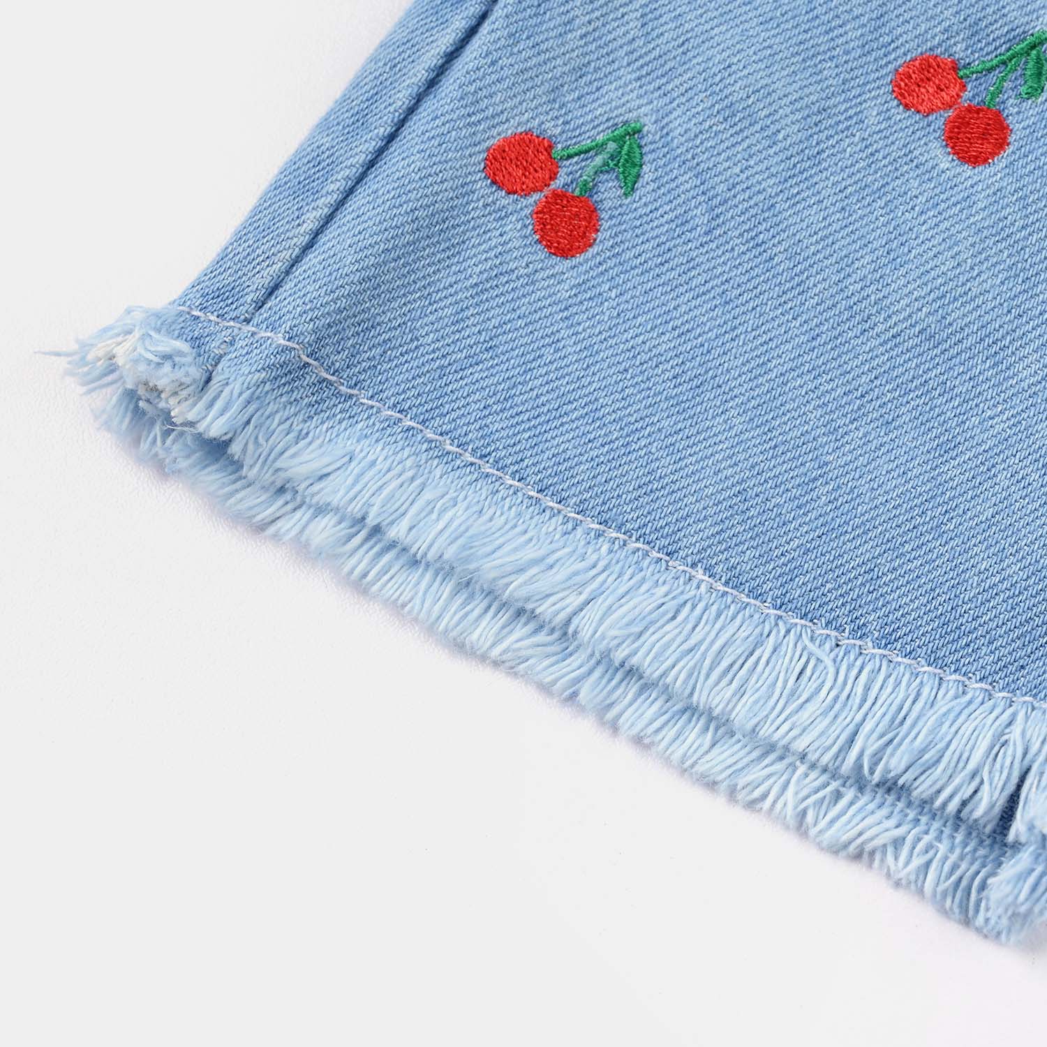 Infant Girls Denim Rigid Shorts Embroidered (Cherry) - Light Blue - Image 3