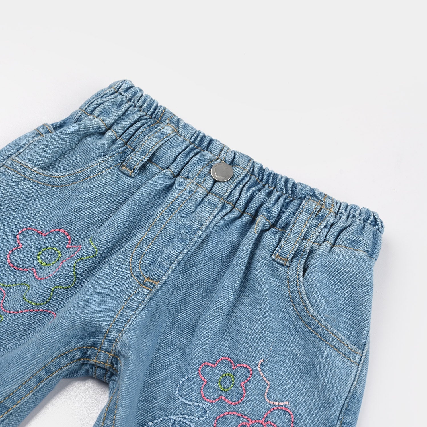 Infant Girls Denim Rigid Shorts (Embroidered Flower) - Dark Blue - Image 3
