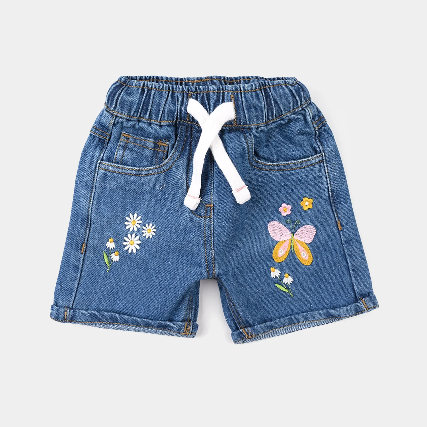 Infant Girls Denim Rigid Shorts (Flowers) - Mid Blue