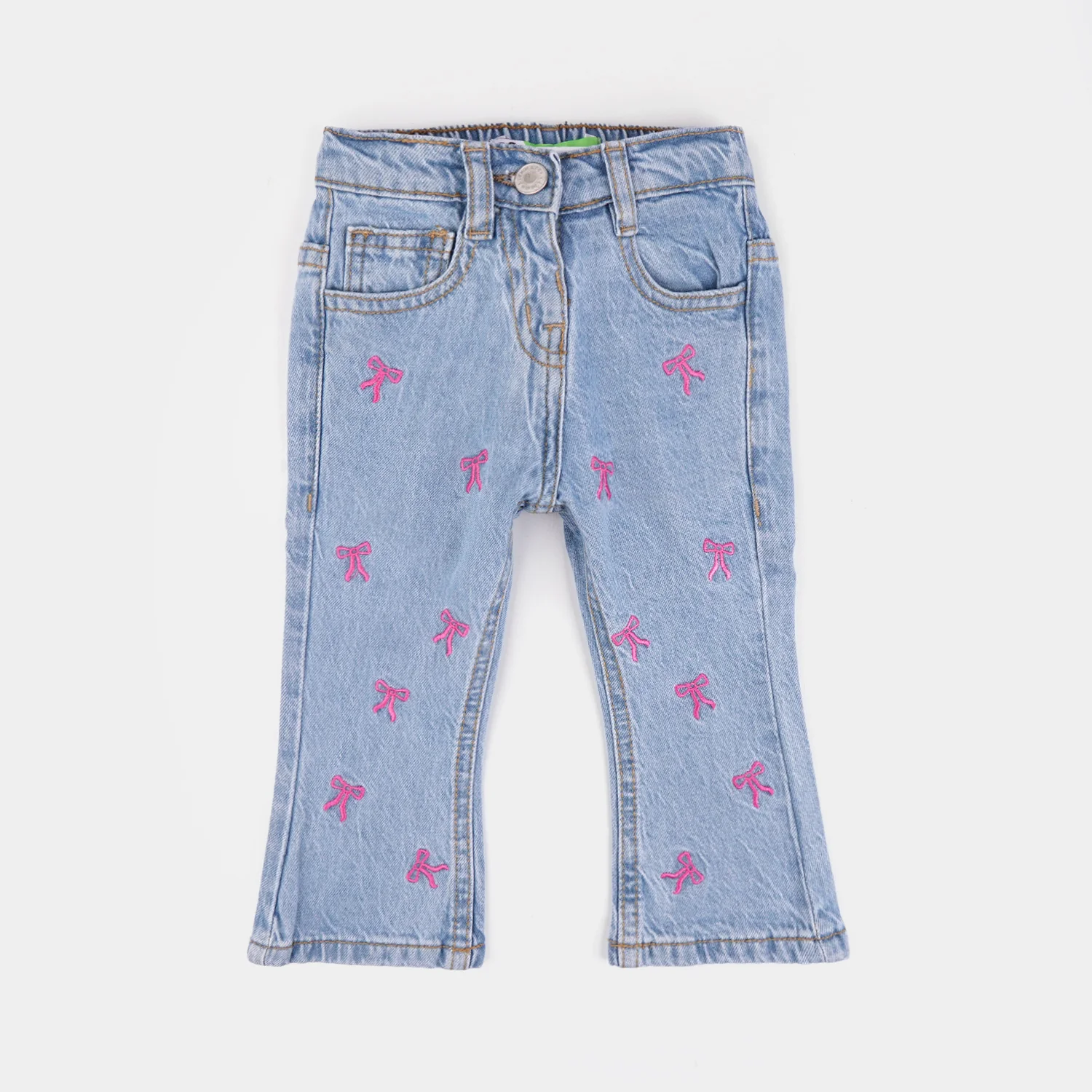 Infant Girls Denim Stretch Pant All Over Bow-Mid Blue