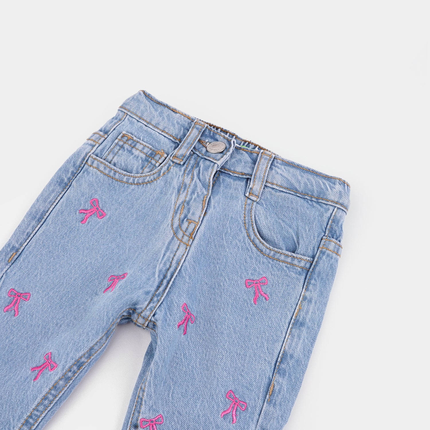 Infant Girls Denim Stretch Pant All Over Bow-Mid Blue - Image 2