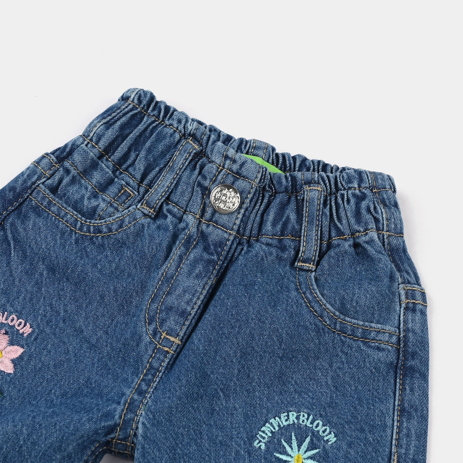 Infant Girls Denim Stretch Pant (All Over Embroidery) - Mid Blue - Image 2